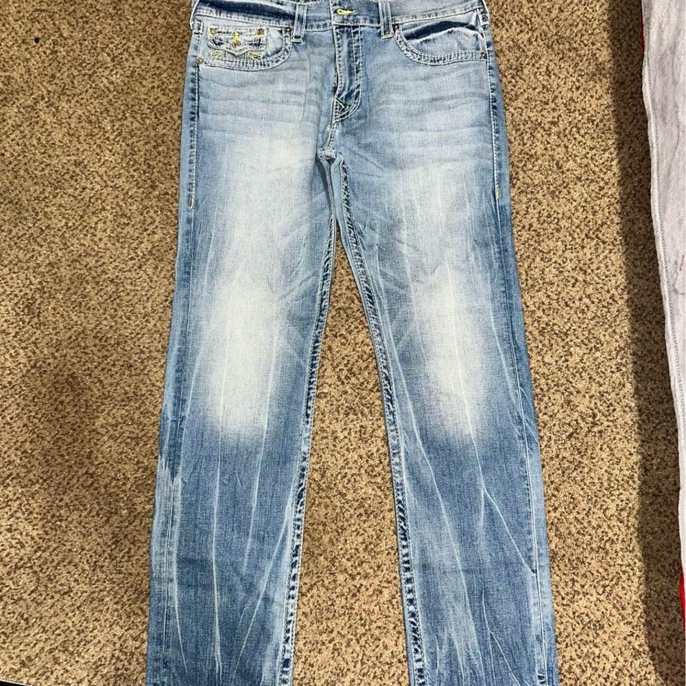 True Religion Blue Straight Pants with Vintage Fading